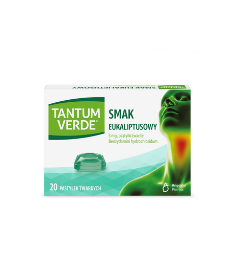 TANTUM VERDE eukaliptusowy, 3 mg, lek na ból gardła i stany zapalne x 20 pastylek do ssania