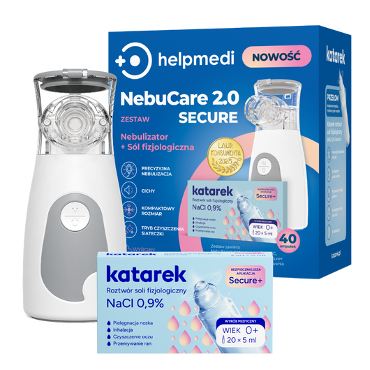 HelpMedi Nebucare 2.0 Secure Nebulizator + Katarek Secure+ Sól fizjologiczna
