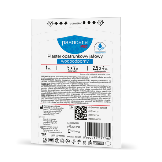 PasocareMed Plaster Opatrunkowy Jałowy Wodoodporny 5 x 7 cm, 1 sztuka