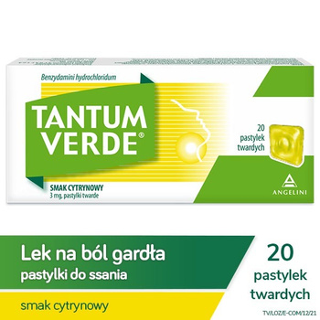 TANTUM VERDE cytrynowy, 3 mg, lek na ból gardła i stany zapalne jamy ustnej x 20 pastylek do ssania