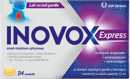 INOVOX EXPRESS o smaku miodowo - cytrynowym, 24 pastylki do ssania