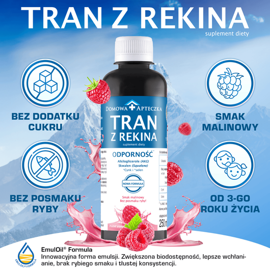 Tran z Rekina o smaku malinowym NOWA FORMUŁA, 250 ml