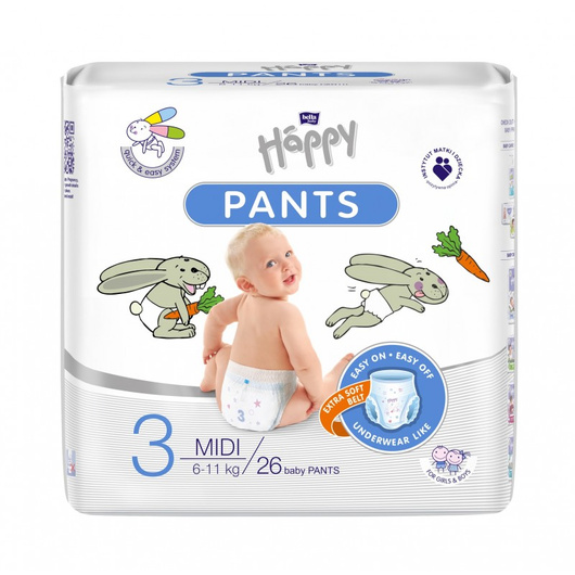 Bella Happy Pants Midi Pieluchomajtki dla dzieci 6–11 kg, 26 sztuk