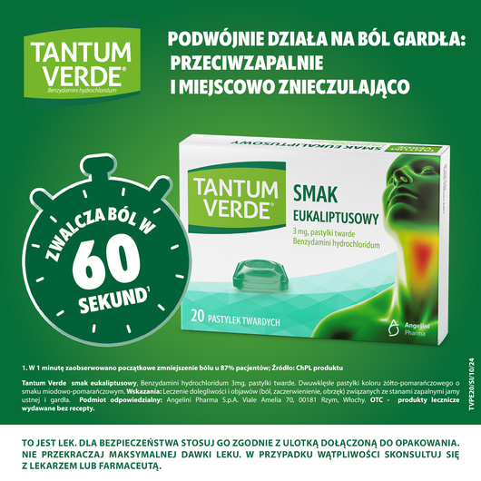 TANTUM VERDE eukaliptusowy, 3 mg, lek na ból gardła i stany zapalne x 20 pastylek do ssania