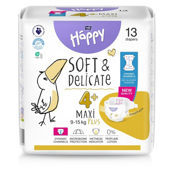 Bella Happy 4+ Maxi Plus Pieluszki z dynamicznymi kanałami 9–15 kg, 13 sztuk