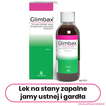 GLIMBAX 0,74 mg/ml, lek na stany zapalne jamy ustnej i gardła, roztwór do płukania 200 ml | aptekaiderm.pl