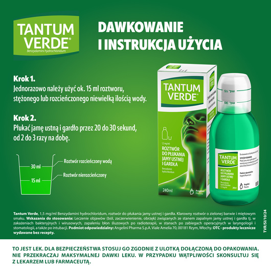 TANTUM VERDE płyn 1,5 mg/ml, lek, roztwór do płukania jamy ustnej i gardła, 240 ml