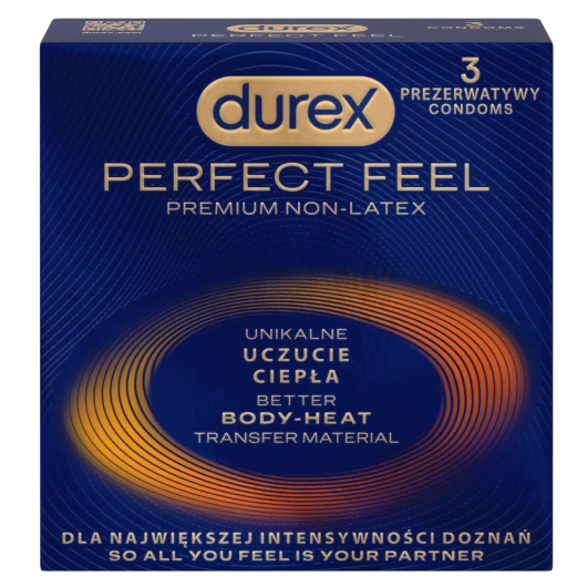 Durex Perfect Feel Premium Non-Latex Unikalne uczucie ciepła Prezerwatywy, 3 sztuki