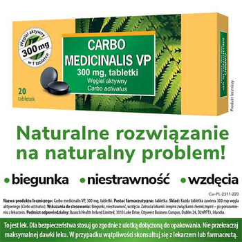 Carbo medicinalis VP 300mg, Węgiel leczniczy, 20 tabletek