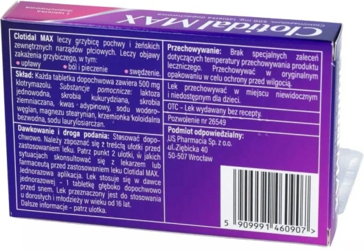Clotidal MAX tabletka dopochwowa,  Clotrimazol 500mg, 1 sztuka 