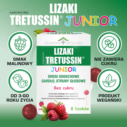 Tretussin Junior Lizaki o smaku malinowym, 8 sztuk