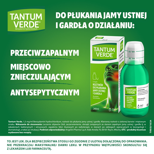 TANTUM VERDE płyn 1,5 mg/ml, lek, roztwór do płukania jamy ustnej i gardła, 240 ml