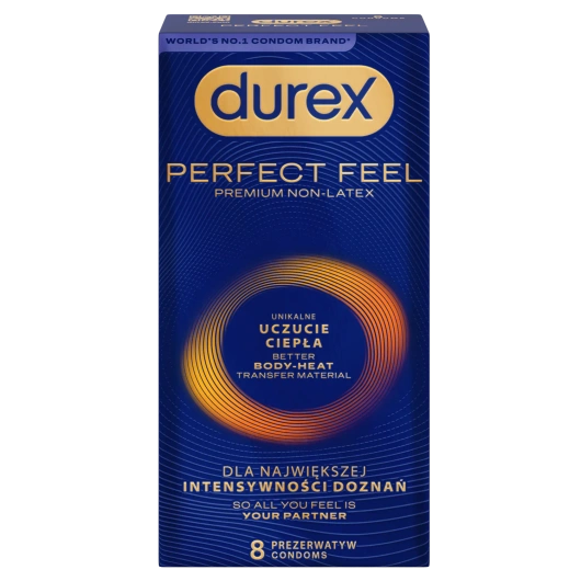 Durex Perfect Feel Premium Non-Latex Unikalne uczucie ciepła Prezerwatywy, 8 sztuk
