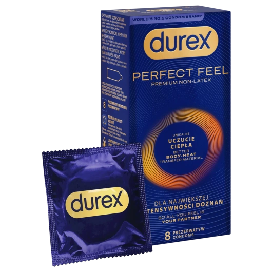 Durex Perfect Feel Premium Non-Latex Unikalne uczucie ciepła Prezerwatywy, 8 sztuk