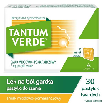 TANTUM VERDE miodowo-pomarańczowy, 3mg, lek na ból gardła i stany zapalne x 30 pastylek do ssania