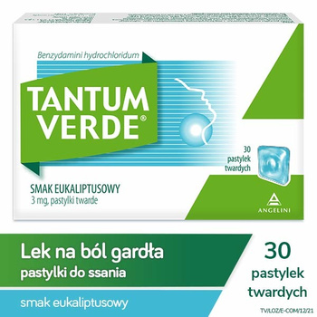 TANTUM VERDE eukaliptusowy 3mg, lek na ból gardła i stany zapalne jamy ustnej x30 pastylek do ssania