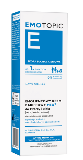 EMOTOPIC Emolientowy krem barierowy MED+ do twarzy i ciała [ręce, łokcie, kolana] do codziennego stosowania, 75ml