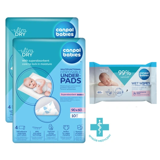 Canpol babies 2x Wielofunkcyjne podkłady higieniczne 90x60 cm + Chusteczki nawilżane 60 sztuk gratis