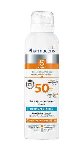 PHARMACERIS S DERMOPEDIATRIC Emulsja ochronna do ciała spray z multipozycyjną aplikacją 360° dla niemowląt i dzieci SPF 50+, 150ml