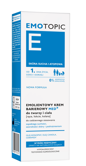 EMOTOPIC Emolientowy krem barierowy MED+ do twarzy i ciała [ręce, łokcie, kolana] do codziennego stosowania, 75ml