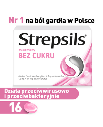 STREPSILS truskawkowy BEZ CUKRU x 16 pastylek