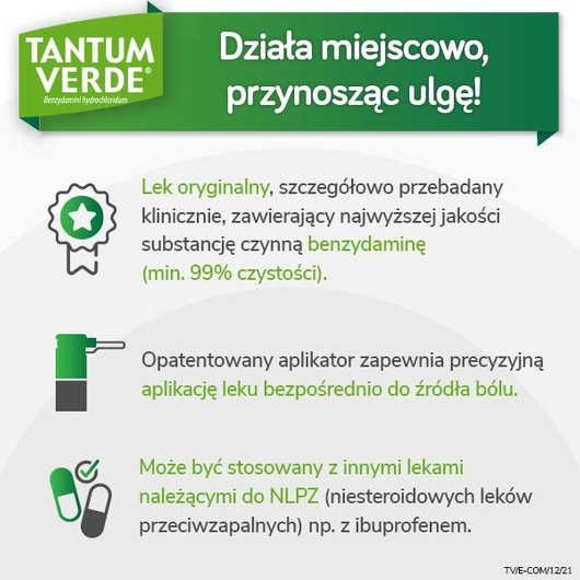 TANTUM VERDE 1,5 mg/ml, lek na ból gardła i stany zapalne jamy ustnej, aerozol x 30 ml