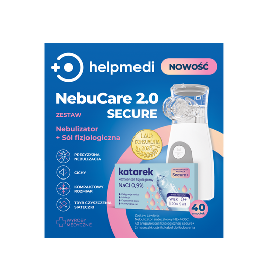 HelpMedi Nebucare 2.0 Secure Nebulizator + Katarek Secure+ Sól fizjologiczna