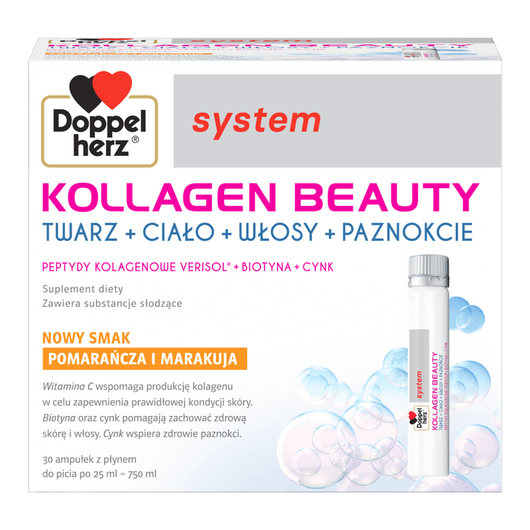 Doppelherz system Kollagen Beauty smak pomarańcza-marakuja, 30 ampułek po 25 ml