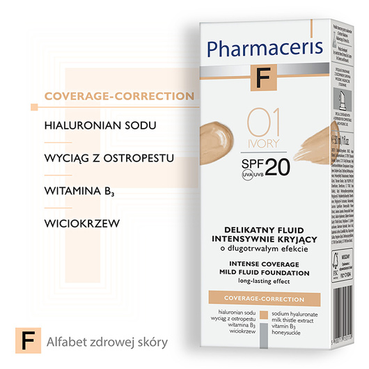Pharmaceris F Coverage-Correction 01 Ivory Delikatny fluid intensywnie kryjący SPF 20, 30 ml