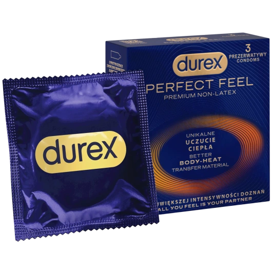 Durex Perfect Feel Premium Non-Latex Unikalne uczucie ciepła Prezerwatywy, 3 sztuki