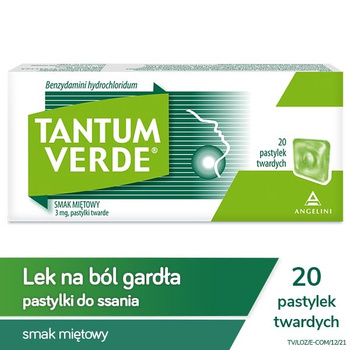 TANTUM VERDE miętowy, 3mg, lek na ból gardła i stany zapalne jamy ustnej x 20 pastylek do ssania