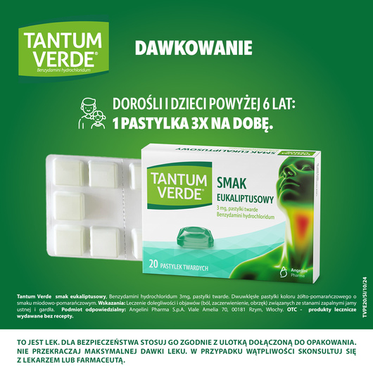 TANTUM VERDE eukaliptusowy, 3 mg, lek na ból gardła i stany zapalne x 20 pastylek do ssania