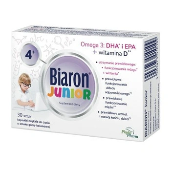 Bioaron Junior 4+ Miękkie kapsułki do żucia, smak owocowej gumy balonowej, 30 sztuk