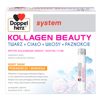 Doppelherz system Kollagen Beauty smak pomarańcza-marakuja, 30 ampułek po 25 ml