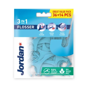 Jordan Flosser 3w1 Nić, wykałaczka i czyścik do języka, 50 sztuk